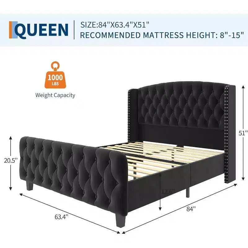 Acekool Cama Queen de Terciopelo Color Crema de 51 Pulgadas - Cabecero con Ala, Tapizado Capitón Profundo, No Requiere Somier, Fácil Montaje