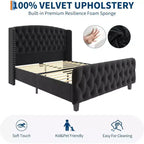 Acekool Cama Queen de Terciopelo Color Crema de 51 Pulgadas - Cabecero con Ala, Tapizado Capitón Profundo, No Requiere Somier, Fácil Montaje