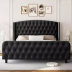 Acekool Cama Queen de Terciopelo Color Crema de 51 Pulgadas - Cabecero con Ala, Tapizado Capitón Profundo, No Requiere Somier, Fácil Montaje