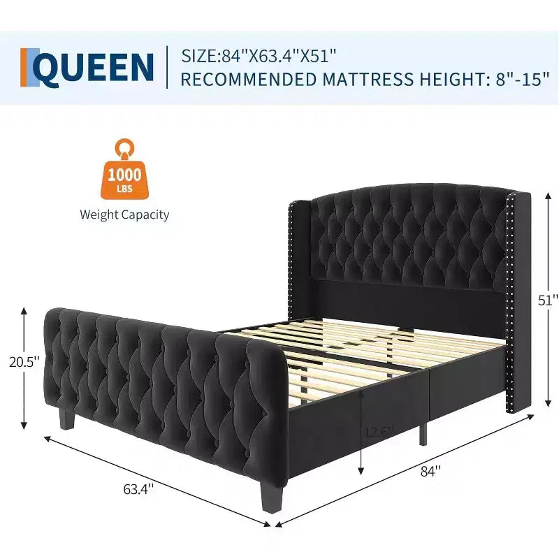 Acekool Cama Queen de Terciopelo Color Crema de 51 Pulgadas - Cabecero con Ala, Tapizado Capitón Profundo, No Requiere Somier, Fácil Montaje
