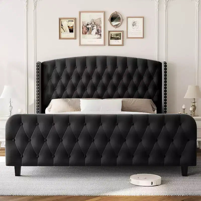 Acekool Cama Queen de Terciopelo Color Crema de 51 Pulgadas - Cabecero con Ala, Tapizado Capitón Profundo, No Requiere Somier, Fácil Montaje