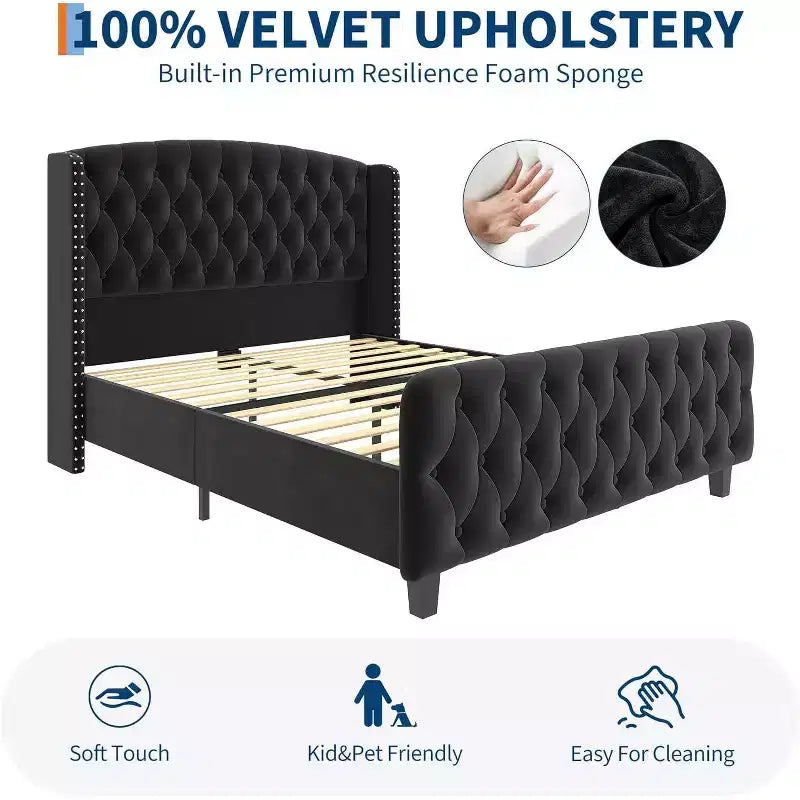 Acekool Cama Queen de Terciopelo Color Crema de 51 Pulgadas - Cabecero con Ala, Tapizado Capitón Profundo, No Requiere Somier, Fácil Montaje