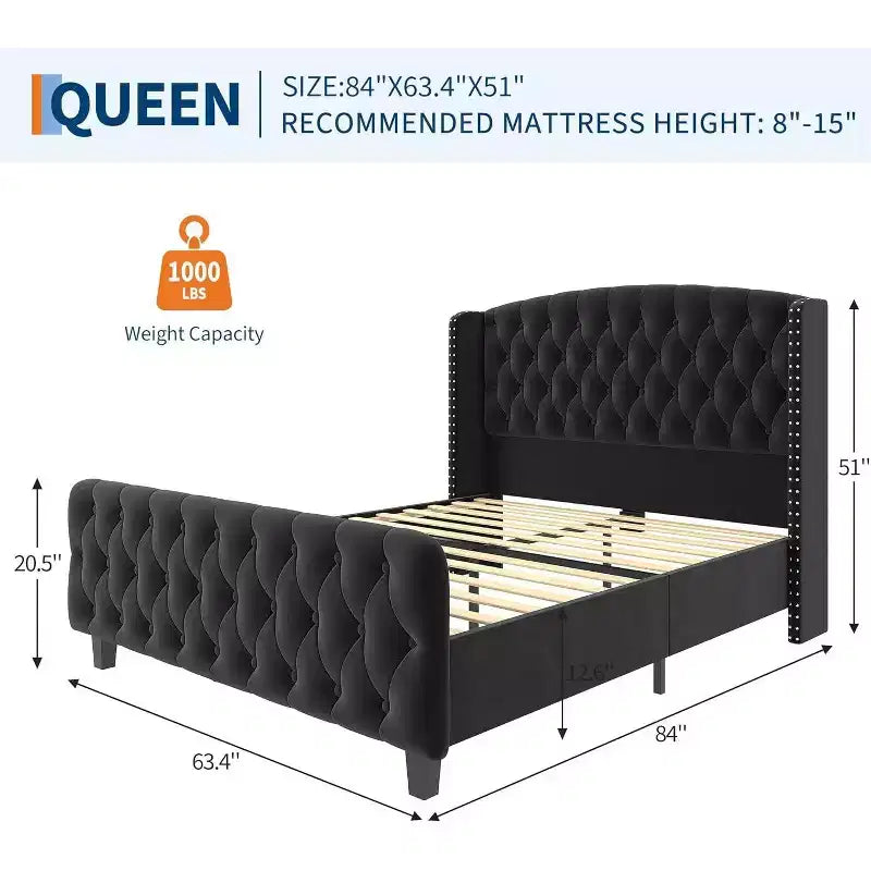 Acekool Cama Queen de Terciopelo Color Crema de 51 Pulgadas - Cabecero con Ala, Tapizado Capitón Profundo, No Requiere Somier, Fácil Montaje