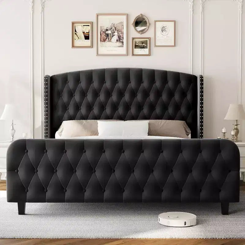 Acekool Cama Queen de Terciopelo Color Crema de 51 Pulgadas - Cabecero con Ala, Tapizado Capitón Profundo, No Requiere Somier, Fácil Montaje