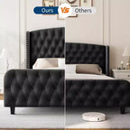 Acekool Cama Queen de Terciopelo Color Crema de 51 Pulgadas - Cabecero con Ala, Tapizado Capitón Profundo, No Requiere Somier, Fácil Montaje