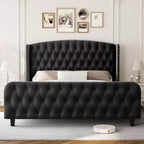 Acekool Cama Queen de Terciopelo Color Crema de 51 Pulgadas - Cabecero con Ala, Tapizado Capitón Profundo, No Requiere Somier, Fácil Montaje