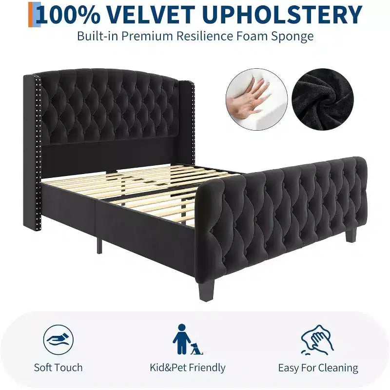 Acekool Cama Queen de Terciopelo Color Crema de 51 Pulgadas - Cabecero con Ala, Tapizado Capitón Profundo, No Requiere Somier, Fácil Montaje