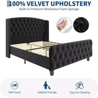 Acekool Cama Queen de Terciopelo Color Crema de 51 Pulgadas - Cabecero con Ala, Tapizado Capitón Profundo, No Requiere Somier, Fácil Montaje