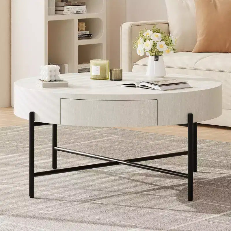 Mesa de centro circular, mesa redonda con cajones, mesa de centro decorativa de madera fácil de montar, mesa de sala natural