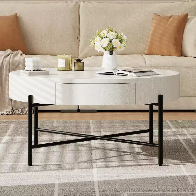 Mesa de centro circular, mesa redonda con cajones, mesa de centro decorativa de madera fácil de montar, mesa de sala natural