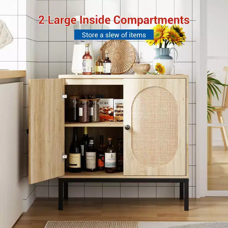 31.5 Gabinete Aparador, Gabinete de Almacenamiento de Ratán con Estantes Ajustables, Gabinete de Despensa de Cocina para Sala de Estar Comedor Entrada