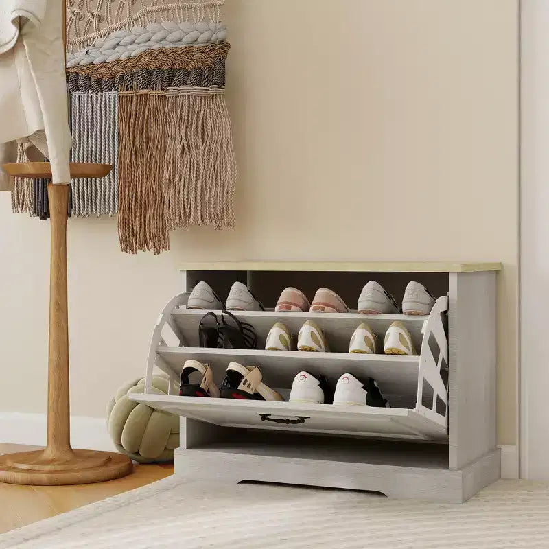 Mueble zapatero AndMakers de 45 cm de alto x 60 cm de ancho, color blanco antiguo, con 1 cajón abatible y estante ajustable