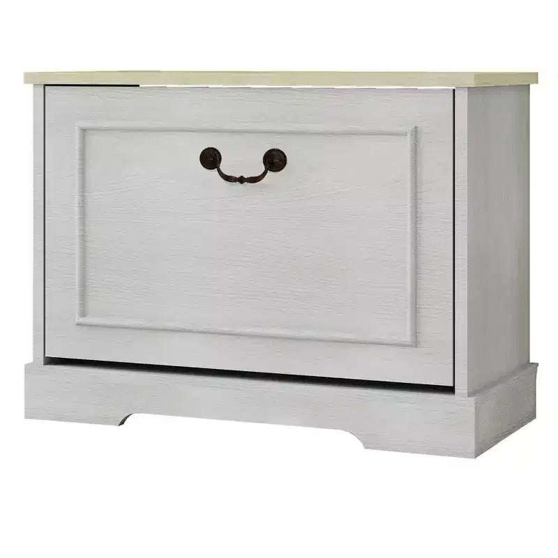 Mueble zapatero AndMakers de 45 cm de alto x 60 cm de ancho, color blanco antiguo, con 1 cajón abatible y estante ajustable