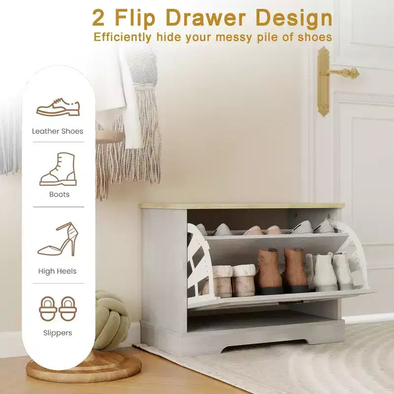 Mueble zapatero AndMakers de 45 cm de alto x 60 cm de ancho, color blanco antiguo, con 1 cajón abatible y estante ajustable