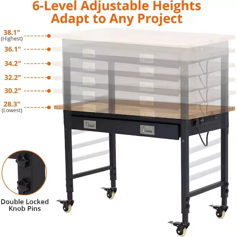 Banco de trabajo de altura regulable 48 x 24, banco de trabajo de servicio pesado con cubierta de madera de caucho, cajón de almacenamiento y tablero perforado, capacidad de carga de 2000 libras, almacenamiento de herramientas