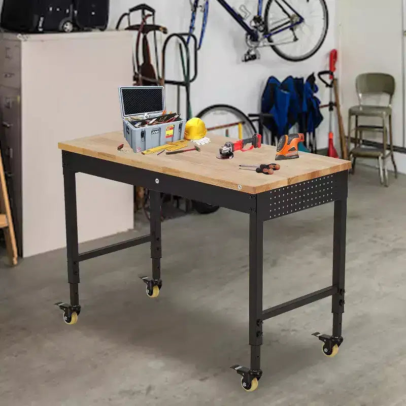 Banco de trabajo de altura regulable 48 x 24, banco de trabajo de servicio pesado con cubierta de madera de caucho, cajón de almacenamiento y tablero perforado, capacidad de carga de 2000 libras, almacenamiento de herramientas