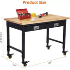 Banco de trabajo de altura regulable 48 x 24, banco de trabajo de servicio pesado con cubierta de madera de caucho, cajón de almacenamiento y tablero perforado, capacidad de carga de 2000 libras, almacenamiento de herramientas