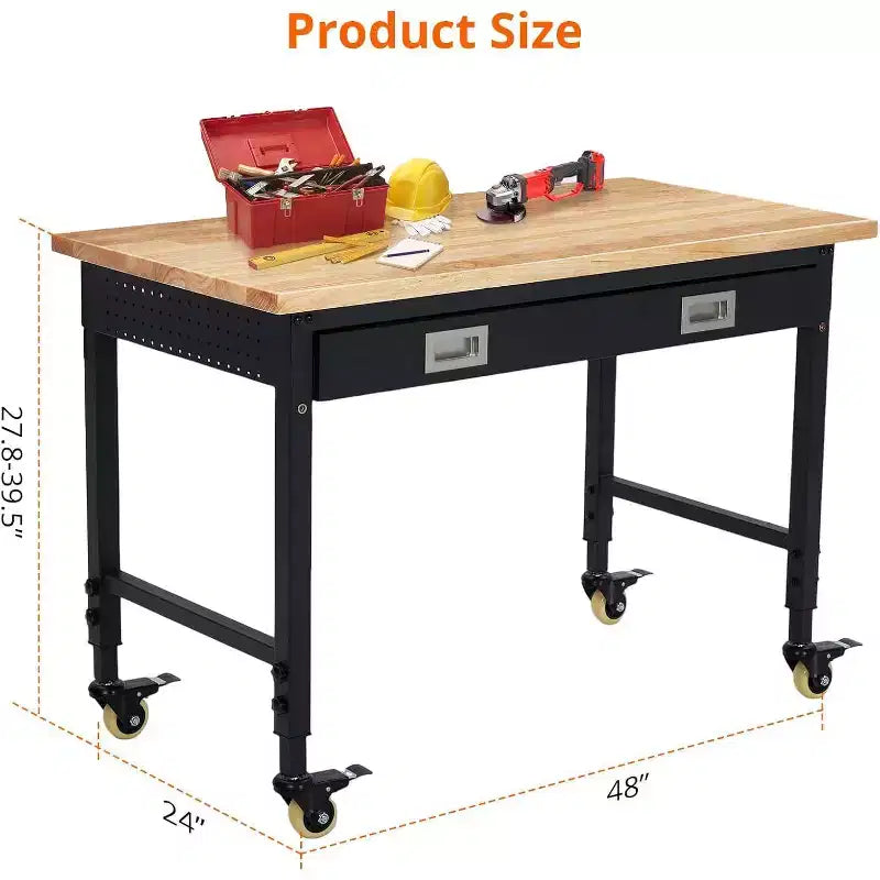 Banco de trabajo de altura regulable 48 x 24, banco de trabajo de servicio pesado con cubierta de madera de caucho, cajón de almacenamiento y tablero perforado, capacidad de carga de 2000 libras, almacenamiento de herramientas