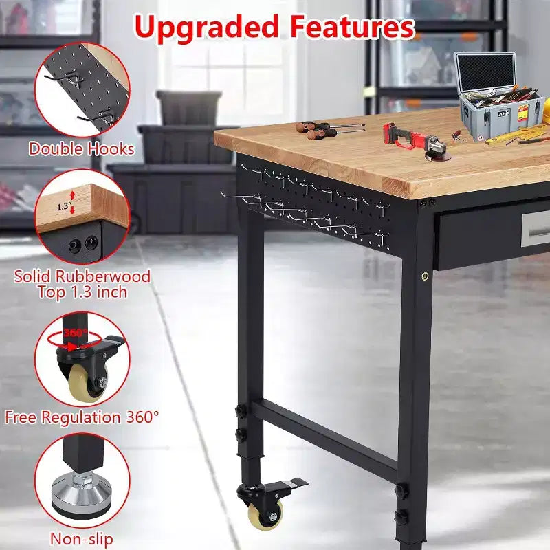 Banco de trabajo de altura regulable 48 x 24, banco de trabajo de servicio pesado con cubierta de madera de caucho, cajón de almacenamiento y tablero perforado, capacidad de carga de 2000 libras, almacenamiento de herramientas