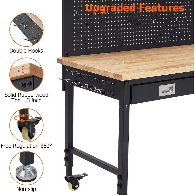 Banco de trabajo de altura regulable 48 x 24, banco de trabajo de servicio pesado con cubierta de madera de caucho, cajón de almacenamiento y tablero perforado, capacidad de carga de 2000 libras, almacenamiento de herramientas