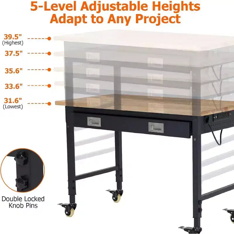 Banco de trabajo de altura regulable 48 x 24, banco de trabajo de servicio pesado con cubierta de madera de caucho, cajón de almacenamiento y tablero perforado, capacidad de carga de 2000 libras, almacenamiento de herramientas