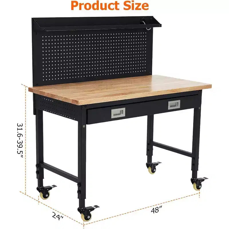 Banco de trabajo de altura regulable 48 x 24, banco de trabajo de servicio pesado con cubierta de madera de caucho, cajón de almacenamiento y tablero perforado, capacidad de carga de 2000 libras, almacenamiento de herramientas