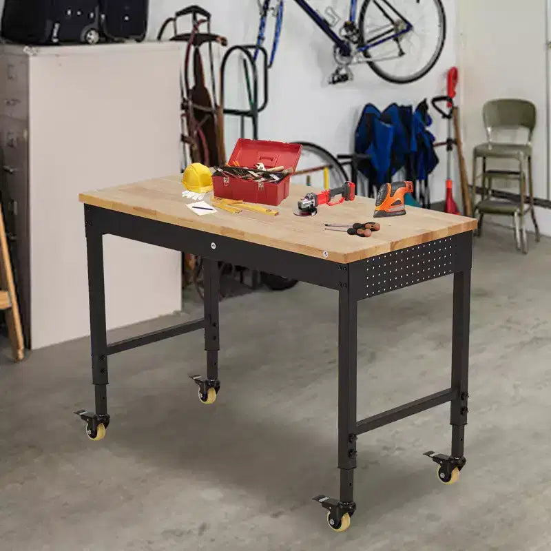 Banco de trabajo de altura regulable 48 x 24, banco de trabajo de servicio pesado con cubierta de madera de caucho, cajón de almacenamiento y tablero perforado, capacidad de carga de 2000 libras, almacenamiento de herramientas