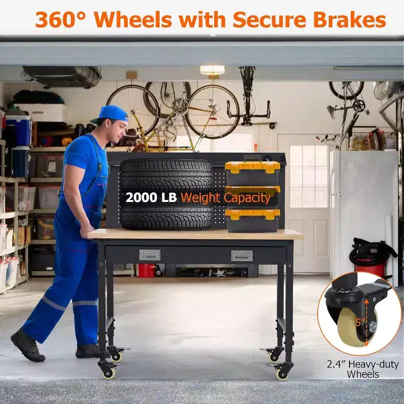 Banco de trabajo de altura regulable 48 x 24, banco de trabajo de servicio pesado con cubierta de madera de caucho, cajón de almacenamiento y tablero perforado, capacidad de carga de 2000 libras, almacenamiento de herramientas