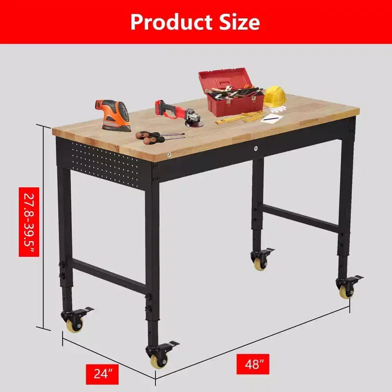 Banco de trabajo de altura regulable 48 x 24, banco de trabajo de servicio pesado con cubierta de madera de caucho, cajón de almacenamiento y tablero perforado, capacidad de carga de 2000 libras, almacenamiento de herramientas