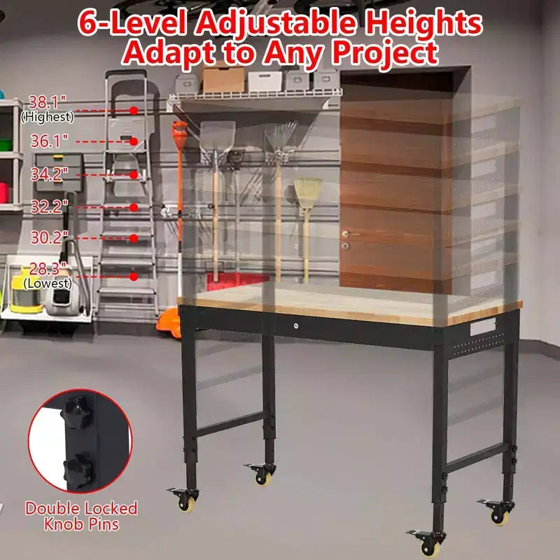 Banco de trabajo de altura regulable 48 x 24, banco de trabajo de servicio pesado con cubierta de madera de caucho, cajón de almacenamiento y tablero perforado, capacidad de carga de 2000 libras, almacenamiento de herramientas
