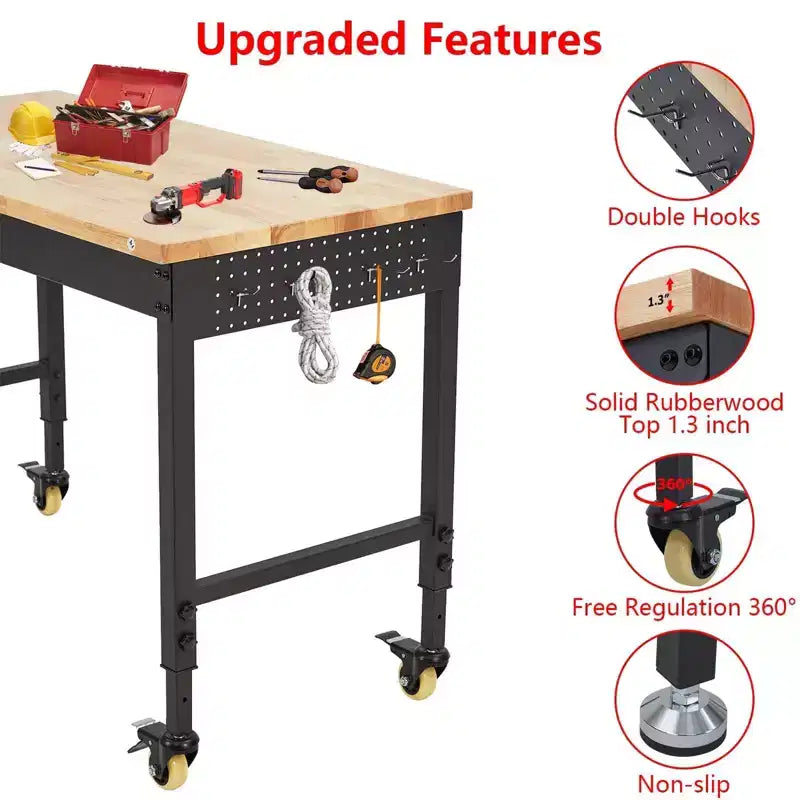 Banco de trabajo de altura regulable 48 x 24, banco de trabajo de servicio pesado con cubierta de madera de caucho, cajón de almacenamiento y tablero perforado, capacidad de carga de 2000 libras, almacenamiento de herramientas