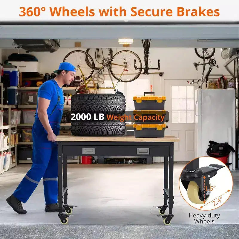 Banco de trabajo de altura regulable 48 x 24, banco de trabajo de servicio pesado con cubierta de madera de caucho, cajón de almacenamiento y tablero perforado, capacidad de carga de 2000 libras, almacenamiento de herramientas