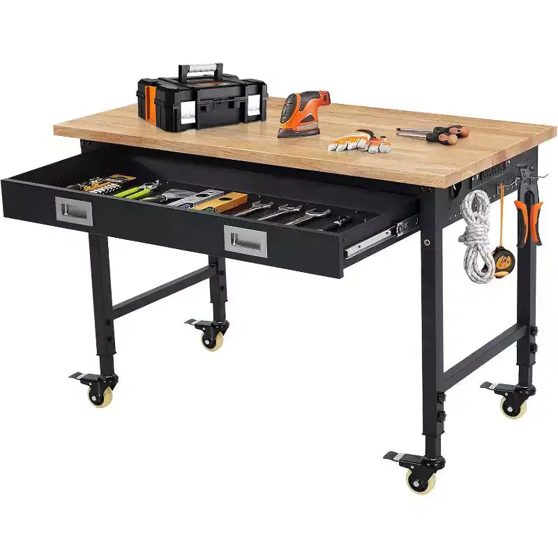 Banco de trabajo de altura regulable 48 x 24, banco de trabajo de servicio pesado con cubierta de madera de caucho, cajón de almacenamiento y tablero perforado, capacidad de carga de 2000 libras, almacenamiento de herramientas