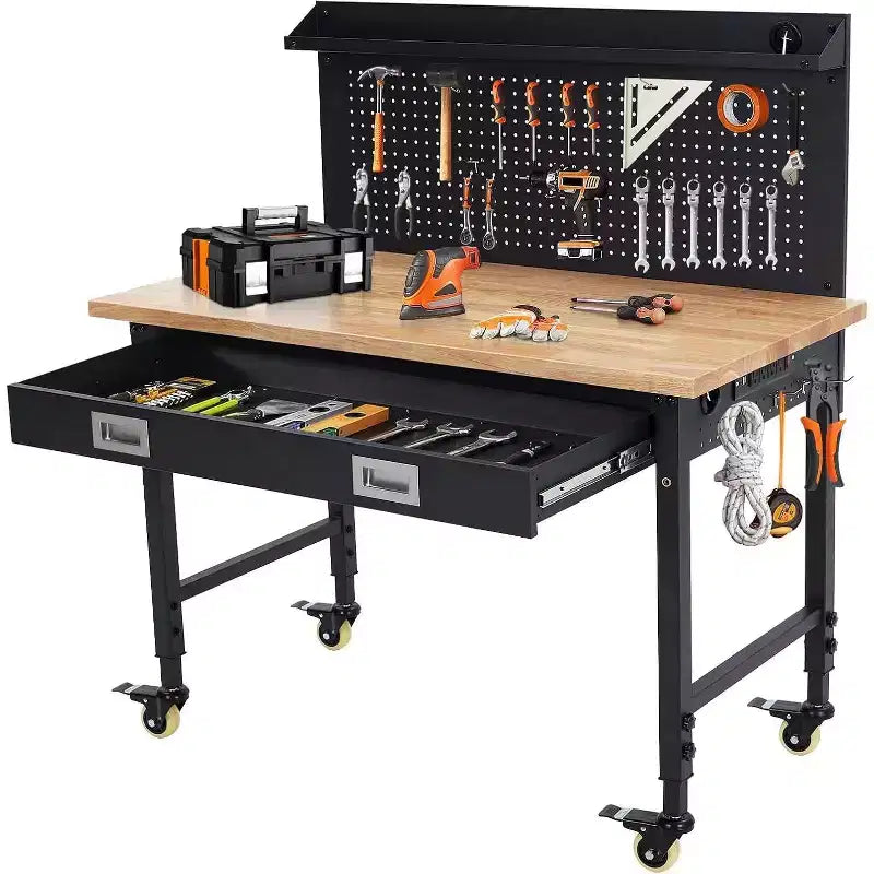 Banco de trabajo de altura regulable 48 x 24, banco de trabajo de servicio pesado con cubierta de madera de caucho, cajón de almacenamiento y tablero perforado, capacidad de carga de 2000 libras, almacenamiento de herramientas