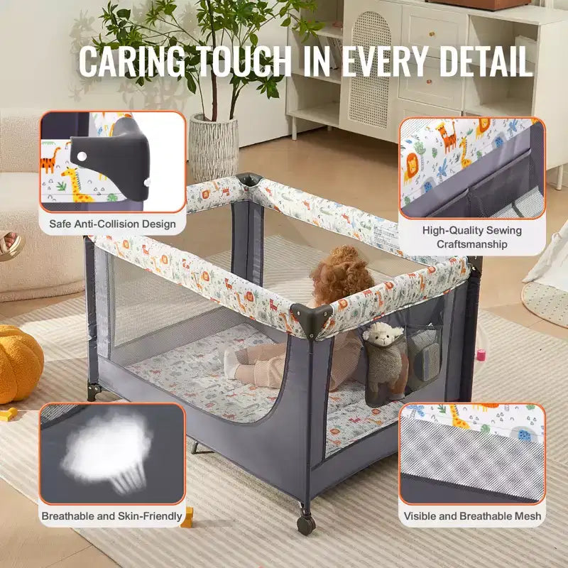 VEVOR Cuna de viaje, parque de bebé, plegado rápido, para bebés y niños pequeños, corral portátil con ruedas, malla transpirable y bolsa de viaje, gris
