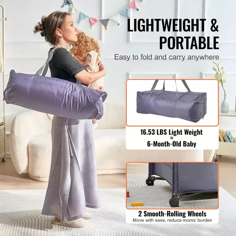 VEVOR Cuna de viaje, parque de bebé, plegado rápido, para bebés y niños pequeños, corral portátil con ruedas, malla transpirable y bolsa de viaje, gris