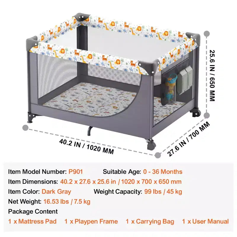 VEVOR Cuna de viaje, parque de bebé, plegado rápido, para bebés y niños pequeños, corral portátil con ruedas, malla transpirable y bolsa de viaje, gris