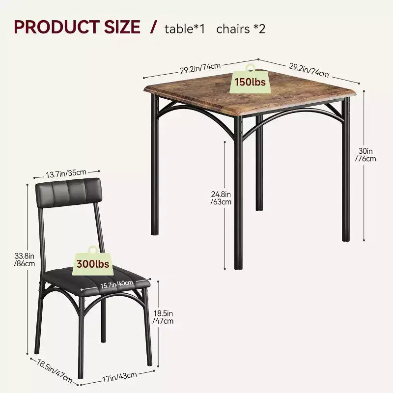 Juego de comedor cuadrado rústico moderno, mesa de 74.17 cm L x 76.45 cm A x 75.95 cm H, sillas de 85.60 cm x 46.74 cm x 43.18 cm, 2 personas, metal y MDF, fácil montaje, ahorro de espacio
