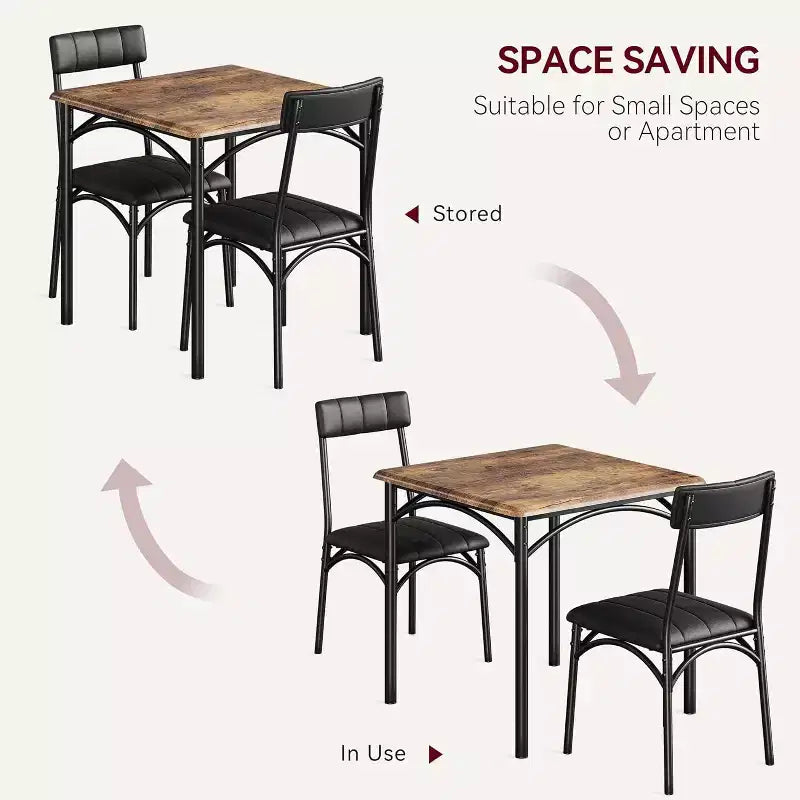 Juego de comedor cuadrado rústico moderno, mesa de 74.17 cm L x 76.45 cm A x 75.95 cm H, sillas de 85.60 cm x 46.74 cm x 43.18 cm, 2 personas, metal y MDF, fácil montaje, ahorro de espacio