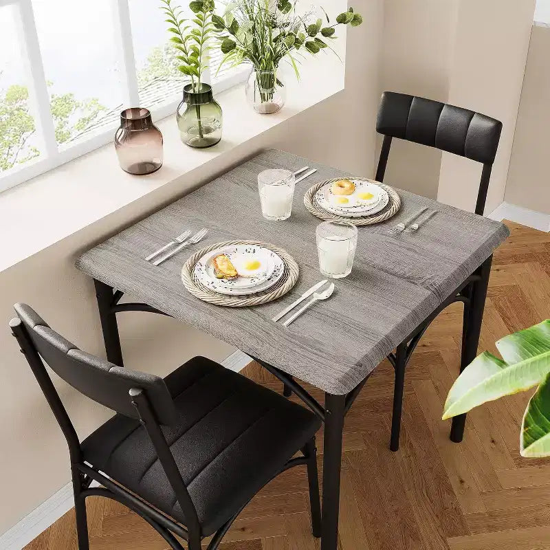 Juego de comedor cuadrado rústico moderno, mesa de 74.17 cm L x 76.45 cm A x 75.95 cm H, sillas de 85.60 cm x 46.74 cm x 43.18 cm, 2 personas, metal y MDF, fácil montaje, ahorro de espacio
