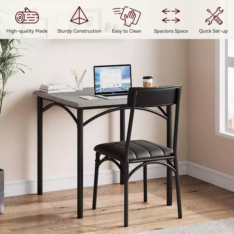 Juego de comedor cuadrado rústico moderno, mesa de 74.17 cm L x 76.45 cm A x 75.95 cm H, sillas de 85.60 cm x 46.74 cm x 43.18 cm, 2 personas, metal y MDF, fácil montaje, ahorro de espacio