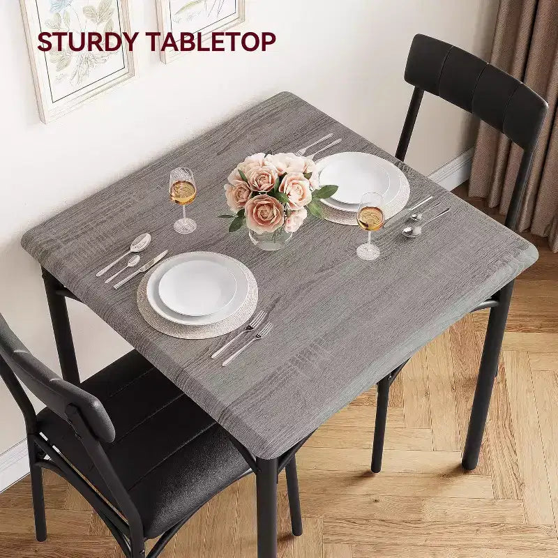 Juego de comedor cuadrado rústico moderno, mesa de 74.17 cm L x 76.45 cm A x 75.95 cm H, sillas de 85.60 cm x 46.74 cm x 43.18 cm, 2 personas, metal y MDF, fácil montaje, ahorro de espacio