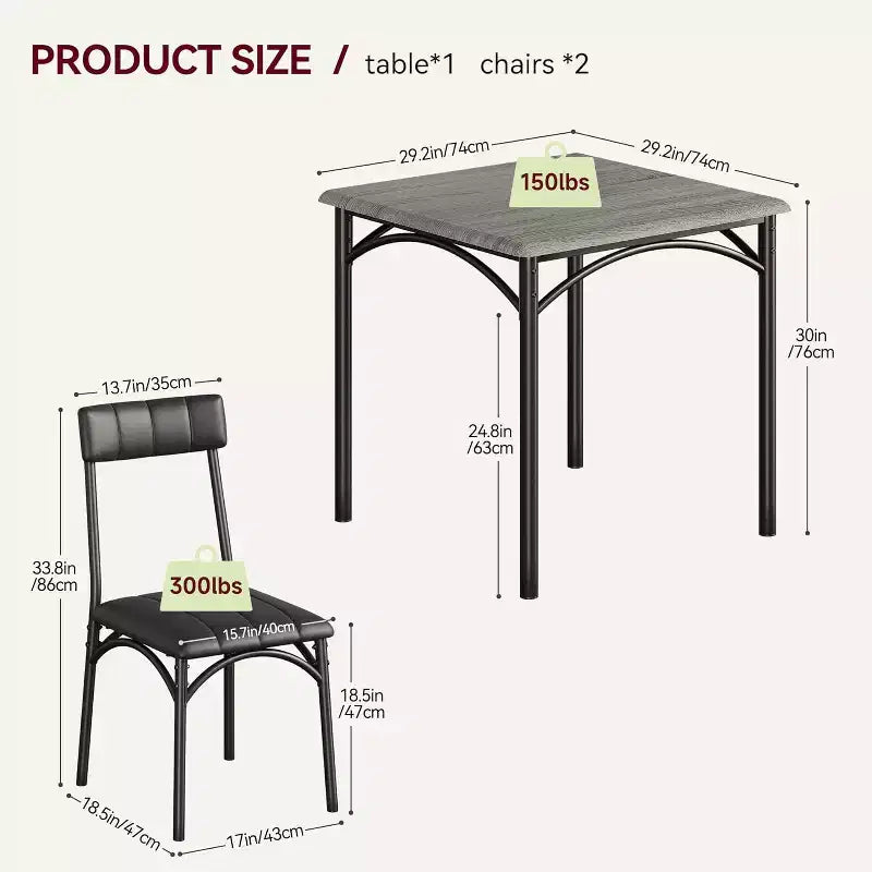 Juego de comedor cuadrado rústico moderno, mesa de 74.17 cm L x 76.45 cm A x 75.95 cm H, sillas de 85.60 cm x 46.74 cm x 43.18 cm, 2 personas, metal y MDF, fácil montaje, ahorro de espacio