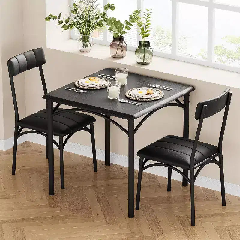 Juego de comedor cuadrado rústico moderno, mesa de 74.17 cm L x 76.45 cm A x 75.95 cm H, sillas de 85.60 cm x 46.74 cm x 43.18 cm, 2 personas, metal y MDF, fácil montaje, ahorro de espacio