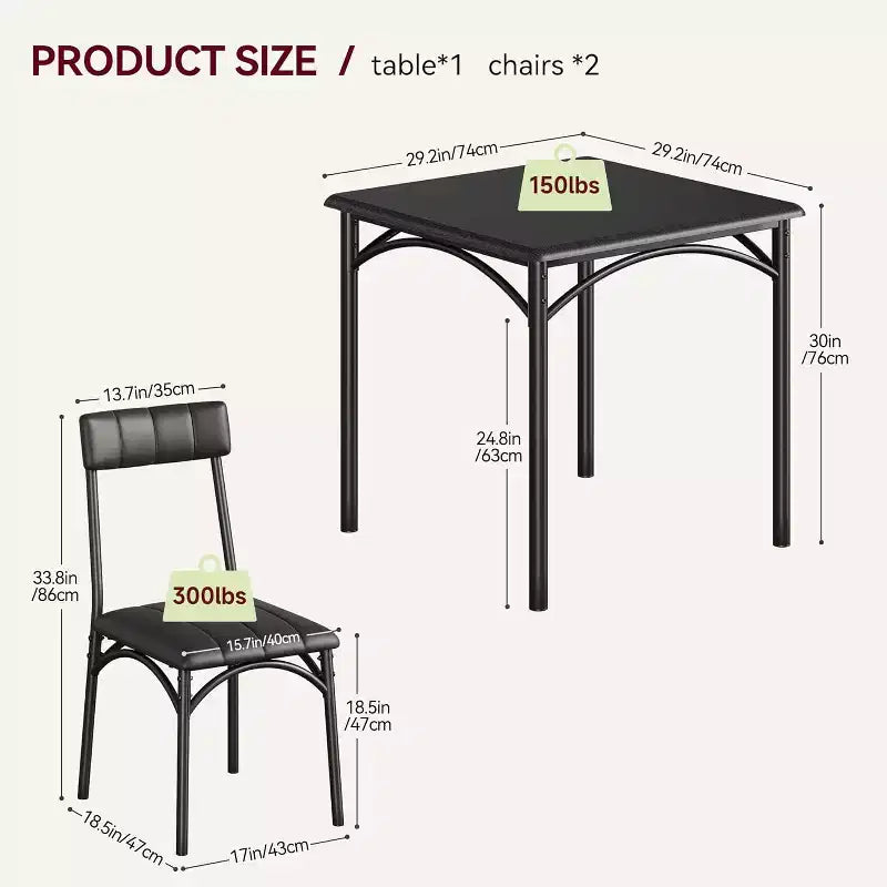Juego de comedor cuadrado rústico moderno, mesa de 74.17 cm L x 76.45 cm A x 75.95 cm H, sillas de 85.60 cm x 46.74 cm x 43.18 cm, 2 personas, metal y MDF, fácil montaje, ahorro de espacio