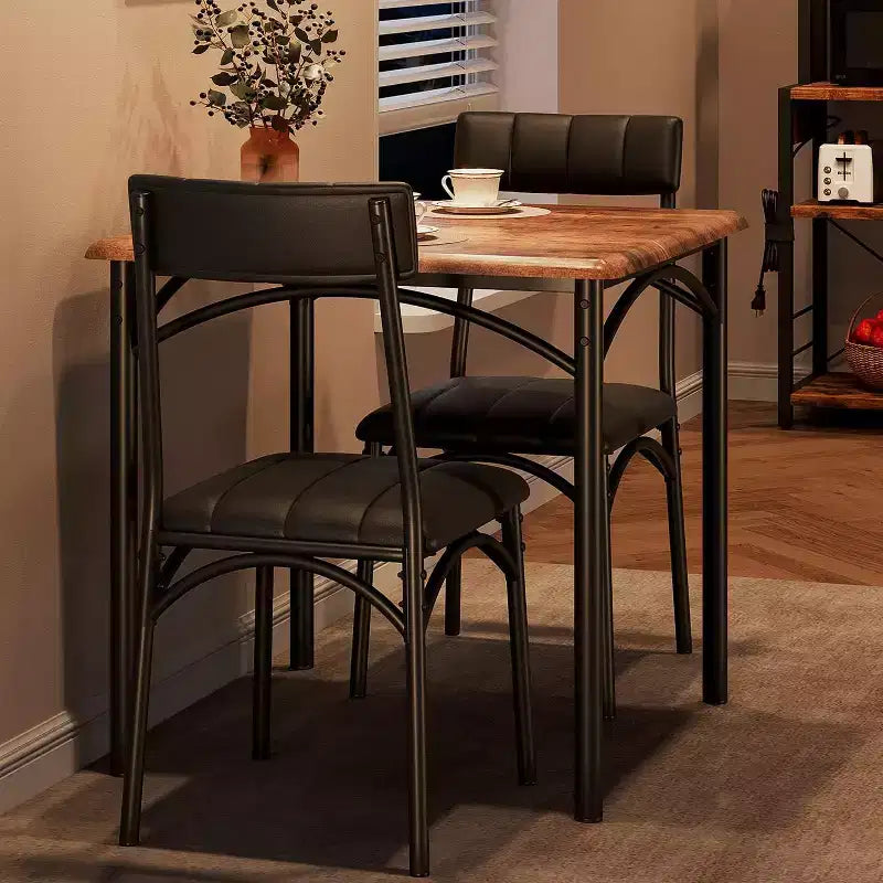 Juego de comedor cuadrado rústico moderno, mesa de 74.17 cm L x 76.45 cm A x 75.95 cm H, sillas de 85.60 cm x 46.74 cm x 43.18 cm, 2 personas, metal y MDF, fácil montaje, ahorro de espacio