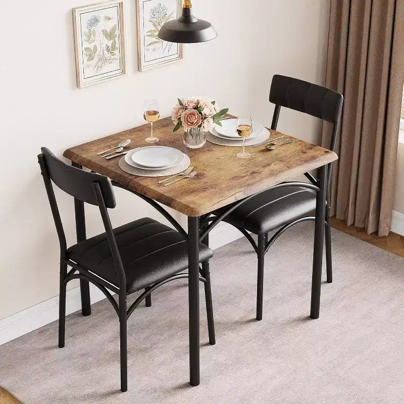 Juego de comedor cuadrado rústico moderno, mesa de 74.17 cm L x 76.45 cm A x 75.95 cm H, sillas de 85.60 cm x 46.74 cm x 43.18 cm, 2 personas, metal y MDF, fácil montaje, ahorro de espacio