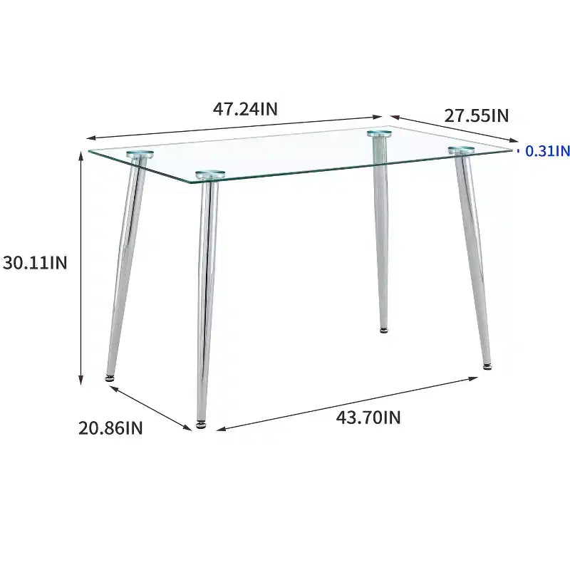 Mesa de comedor Okak para espacios pequeños, mesa de comedor rectangular contemporánea de vidrio templado con patas de metal para 4 personas