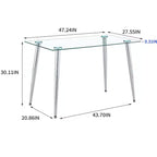Mesa de comedor Okak para espacios pequeños, mesa de comedor rectangular contemporánea de vidrio templado con patas de metal para 4 personas