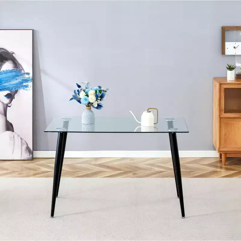 Mesa de comedor Okak para espacios pequeños, mesa de comedor rectangular contemporánea de vidrio templado con patas de metal para 4 personas